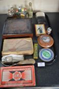 Tray Lot of Collectibles Including Drinks Miniatures, Hip Flasks, Lighters, etc.