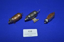 Three Novelty Cast Metal Pigs, Tape Measure, Pin Cushion and Vesta Case