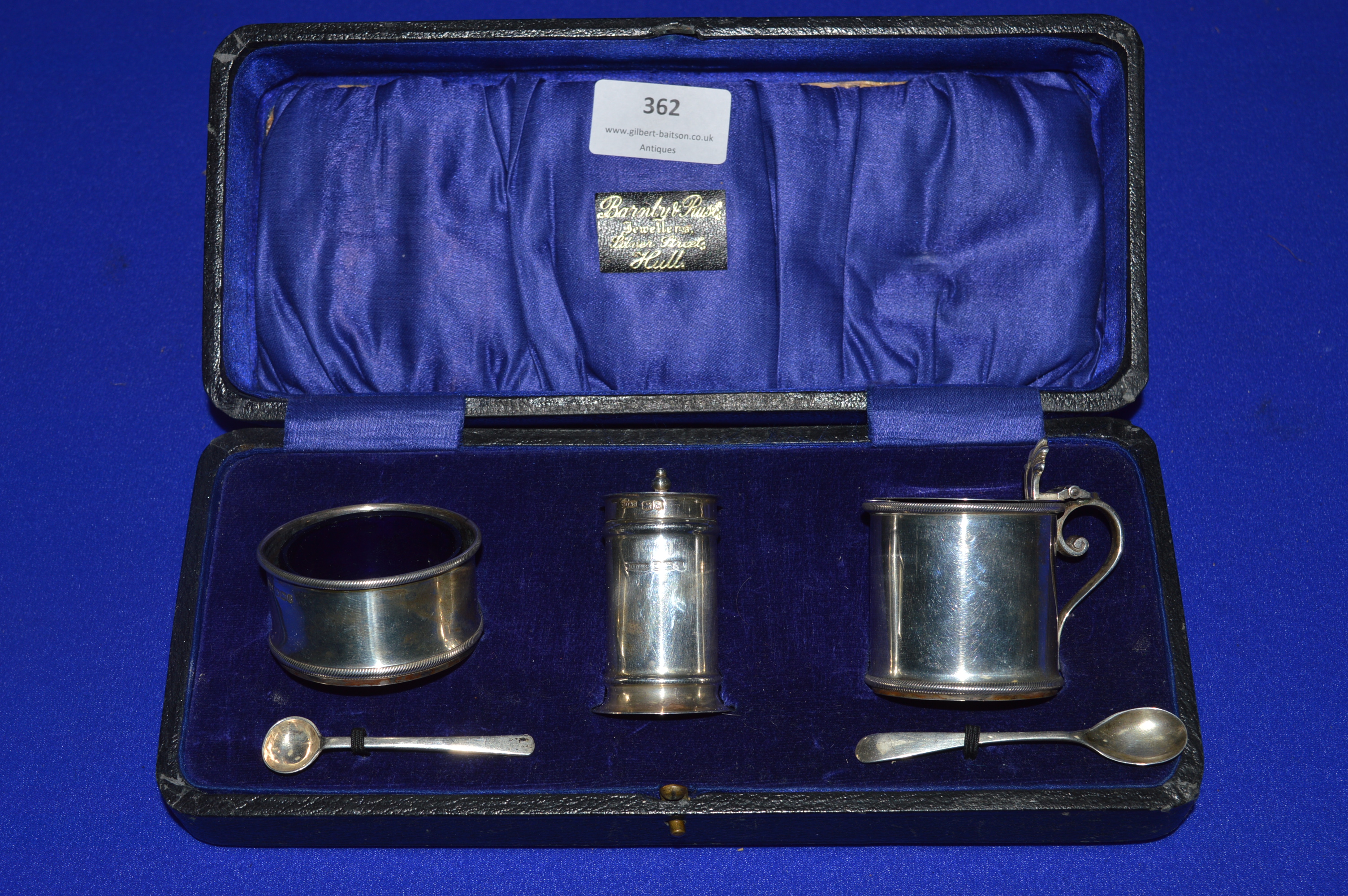 Cased Three Piece Silver Cruet Set - Sheffield 1924 in Original Barnaby & Rust Retailer Box, ~107g n