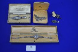 Vintage Ladies Wristwatches plus Silver Marcasite Brooches