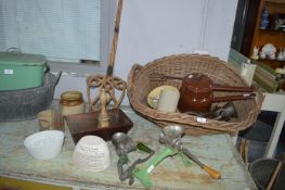 Willow Basket of Kitchenalia; Jelly Moulds, Enamel Pans, Mincers, etc.