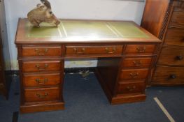 Victorian Oak Desk with Green Tooled Leather Inlaid Top