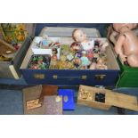 Case of Vintage Toys, Dolls, Chess Sets, etc.