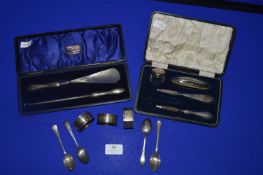 Assorted Cased Silver Items; Spoons, Napkin Rings, Shoe Horn, etc.