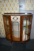 1930's Bow Front China Display Cabinet with Built-In Smiths Clock and Fabric & Mirror Back Rear