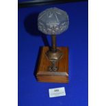 1920's Battery Powered Portable Lamp with Frosted Glass Shade Mounted on Wooden Case