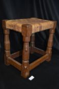 Robert Thompson Mouseman Oak Stool with Leather Seat