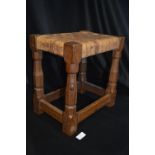 Robert Thompson Mouseman Oak Stool with Leather Seat