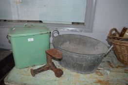 Green Enamel Bread Bin and a Galvanised Wash Tub plus Shoe Last