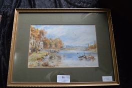 Watercolour Riverside Fishing Scene by A.J 1888