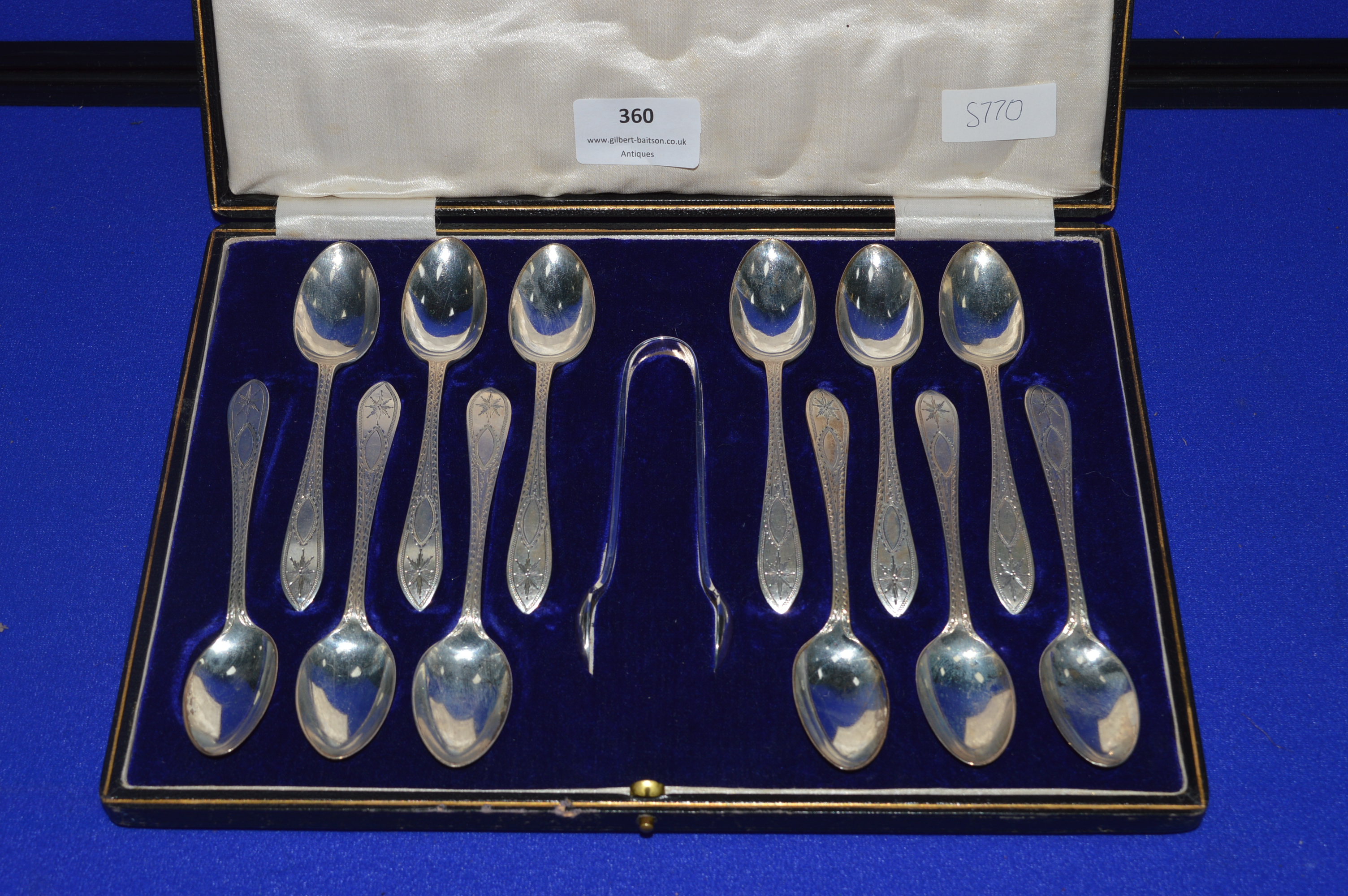 Hallmarked Sterling Silver Cased Spoon Set; Twelve Spoons plus Sugar Togs