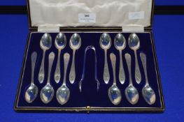 Hallmarked Sterling Silver Cased Spoon Set; Twelve Spoons plus Sugar Togs