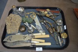 Tray Lot of Collectibles Including Fossils, Police Whistle, Candle Snuffers, etc.