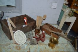 Wooden Crate of Kitchenalia Including Utensils, Jelly Moulds, Pestles & Mortars, Flat Irons, etc.