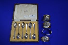 Walker & Hall Cased Set of Six Teaspoons plus Four Napkin Rings - Sheffield 1948, 166g total