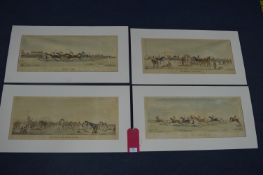 Set of Four Hand Painted Lithographs on Vellum of Victorian Horse Race