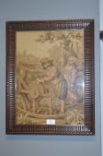 Oak Framed Tapestry Figure of a Traveling Knife Sharpener