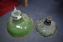 Two Green Enamel Light Shades 14" and 11" diameters