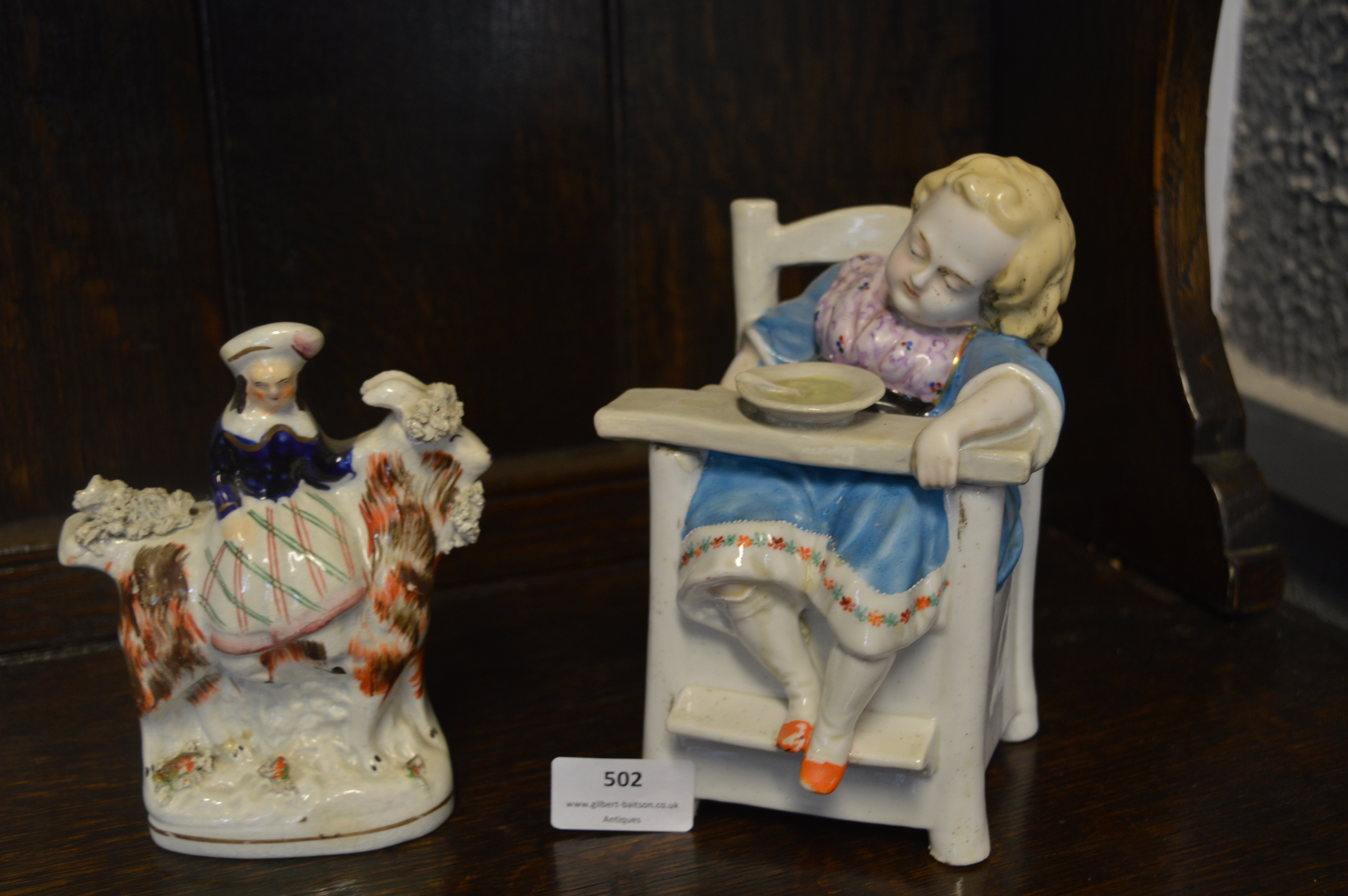 Two Staffordshire Figure and Lidded Pot of a Little Girl and a Lady Riding a Goat