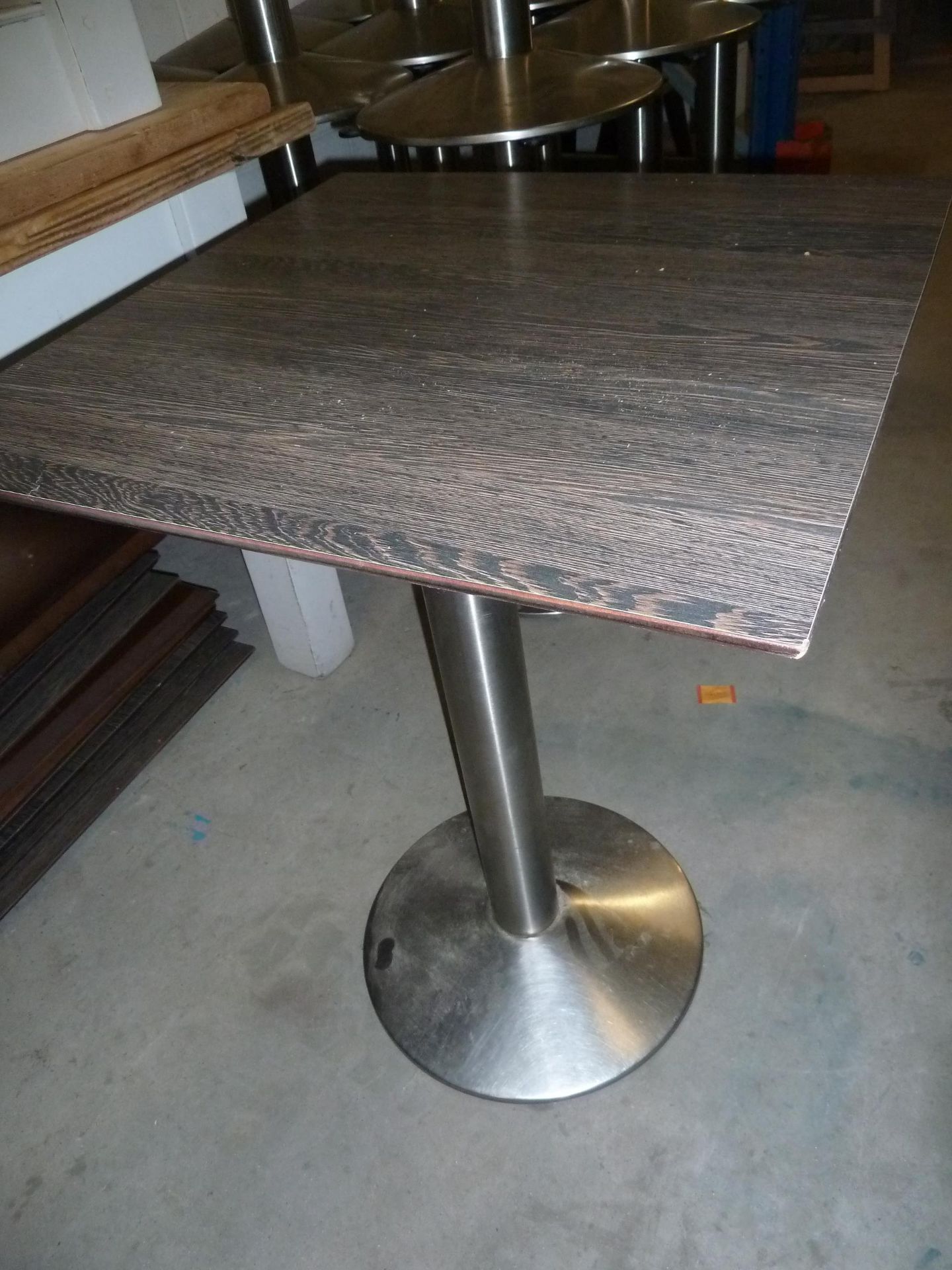 * 4 x square dark wooden tables with S/S pedestal bases. 600w x 600d x 760h