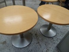 * 2 x low round wooden topped tables with S/S pedestal bases. 600 diameter x 540h