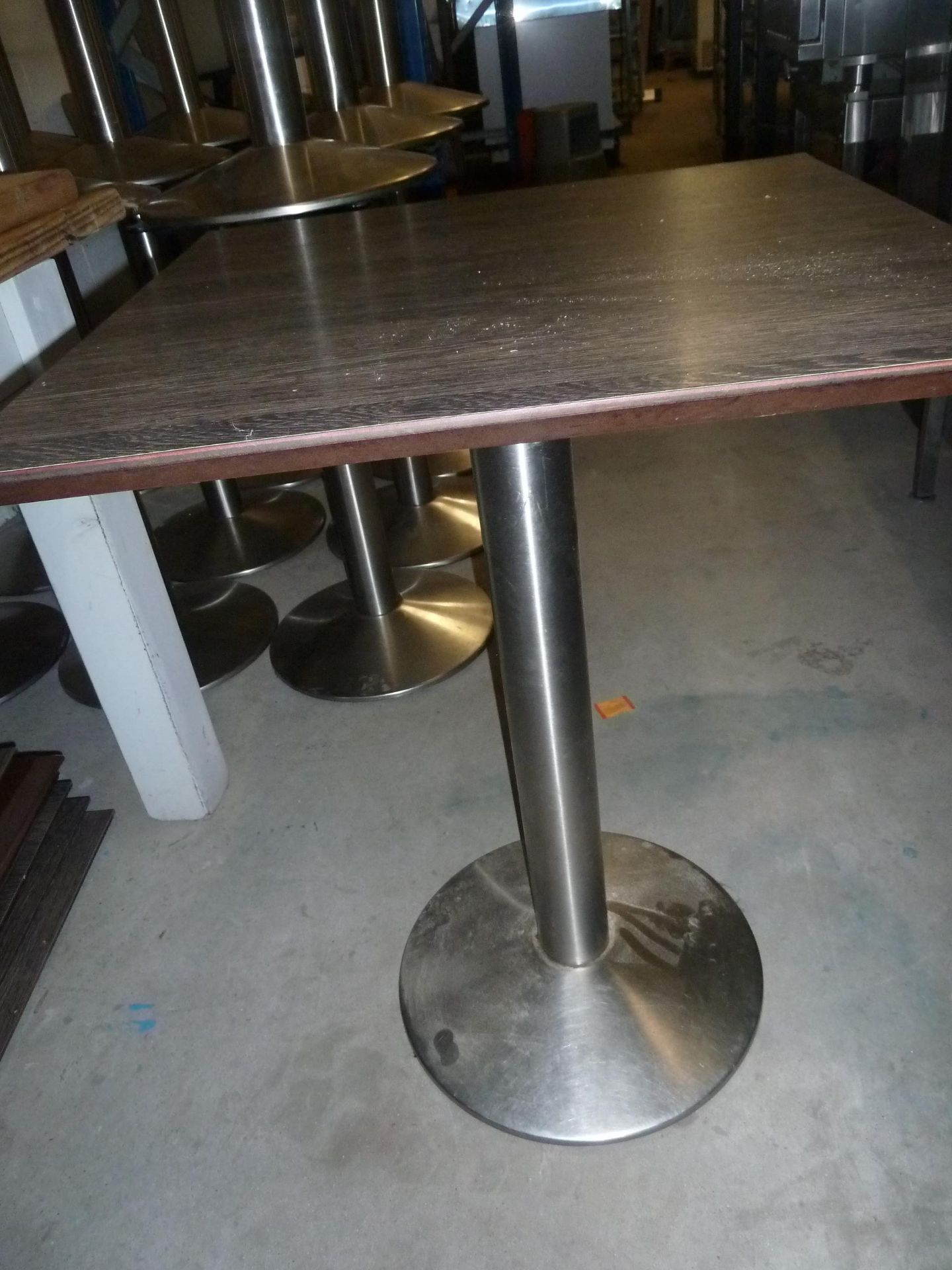 * 4 x square dark wooden tables with S/S pedestal bases. 600w x 600d x 760h - Image 3 of 3