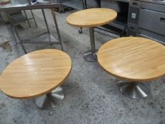 * 2 x low and 1 x regular round butchers block topped tables with S/S pedestal bases. 800