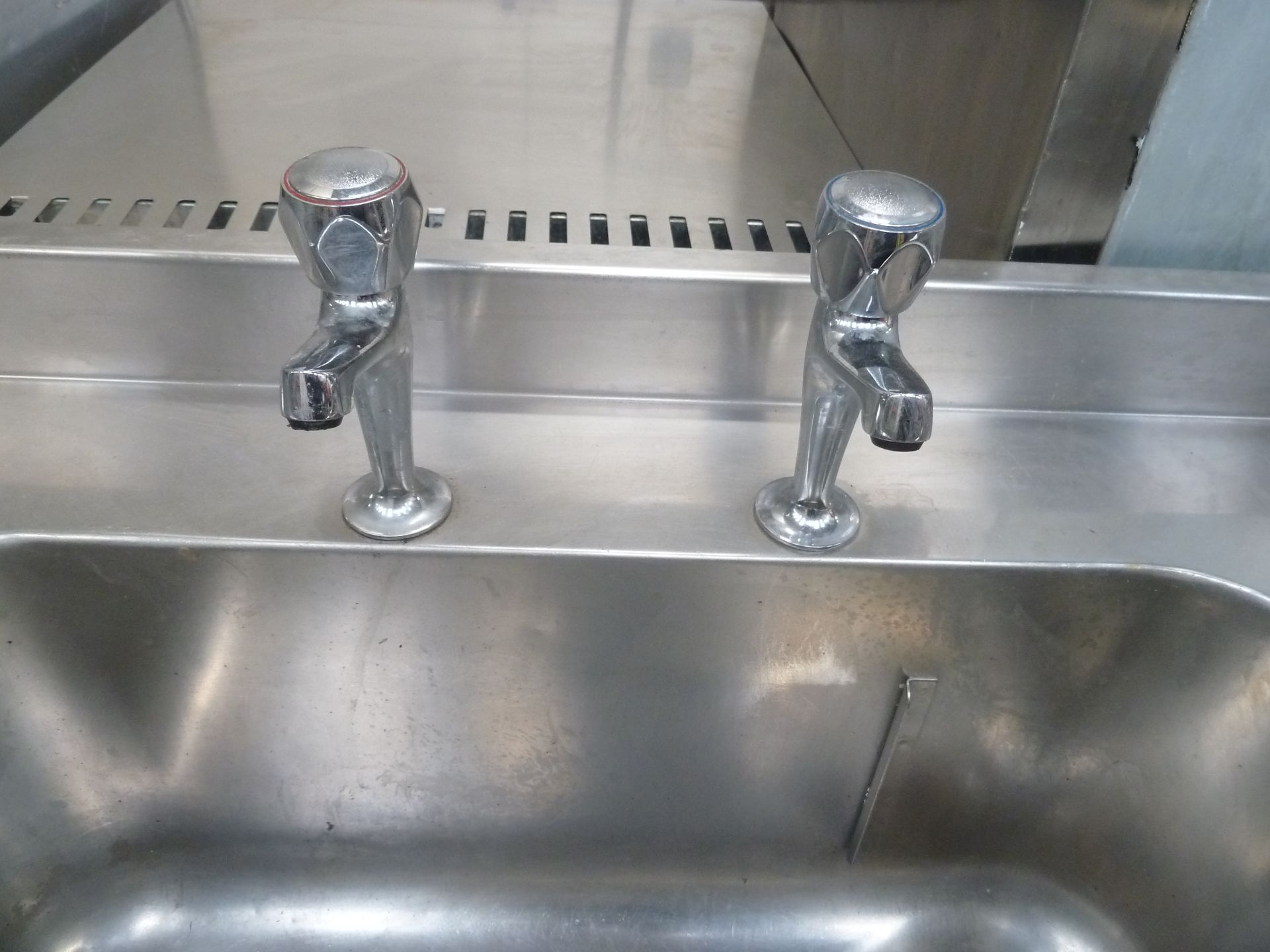 * S/S double bowl sink with small right hand draining board - complete with taps and undershelf. - Image 3 of 5