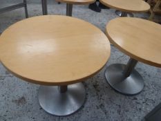 * 2 x low round wooden topped tables with S/S pedestal bases. 600 diameter x 540h