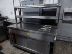 * large service bench with multi temp hot cupboard, double heated gantry with 3 pot bain marie