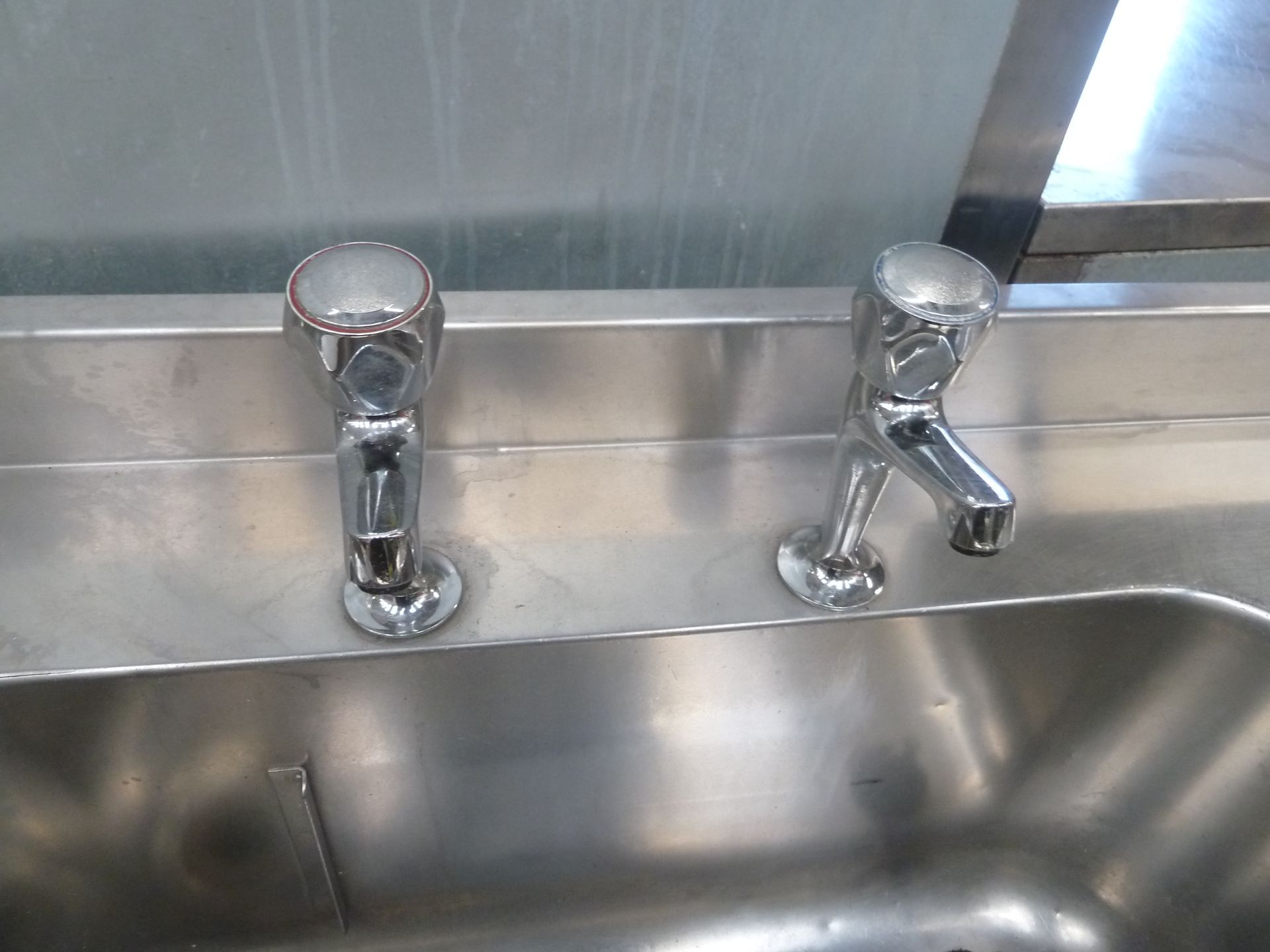 * S/S double bowl sink with small right hand draining board - complete with taps and undershelf. - Image 4 of 5