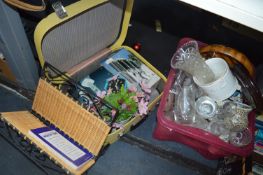 Case and Tub of Household Goods, Brassware, Magazi