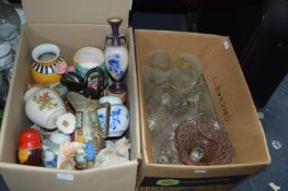 Two Boxes of China and Glassware; Ginger Jars, Vas