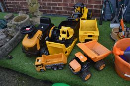 Six Child's Dumper Trucks and a Ride-On JCB