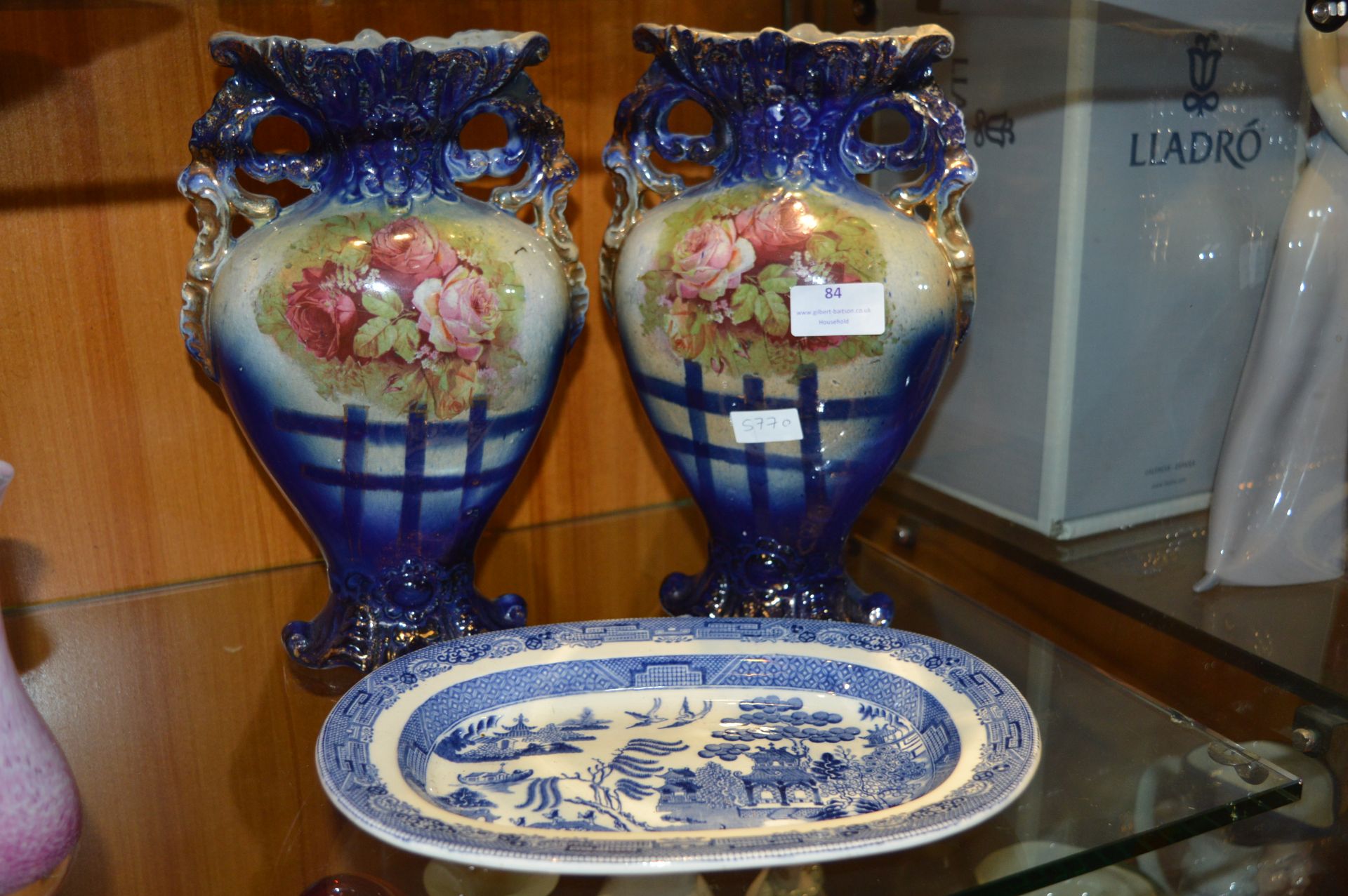 Two Victorian Vases and a Blue & White Willow Patt