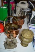 Two Miniature Copper Coal Buckets plus Brass Ornam