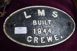 Reproduction LMS Cast & Painted Brass Sign 1944 Cr