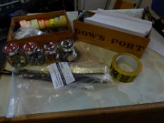 *2 x wooden boxes with misc. items - envelopes, bulldog clips, tape, money bags, coloured price labe