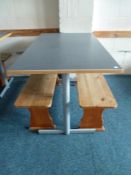 *grey topped table with 2 x wooden benches. Table 1200w x 600d x 700h. Benches - 1140w x 280d x 430h