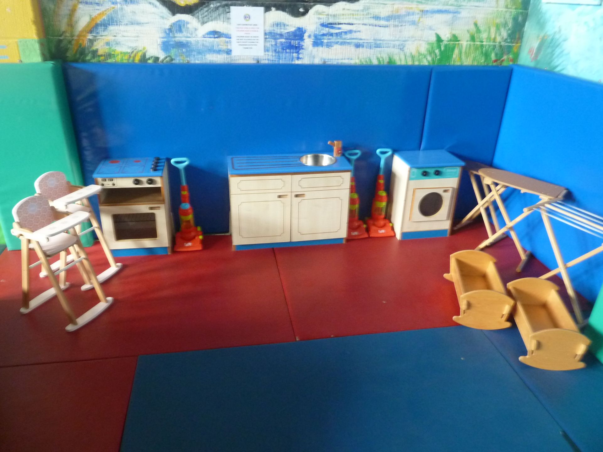 *Children's wooden house hold play set. Incudes sink, oven, washing machine, 2 x ironing boards, air