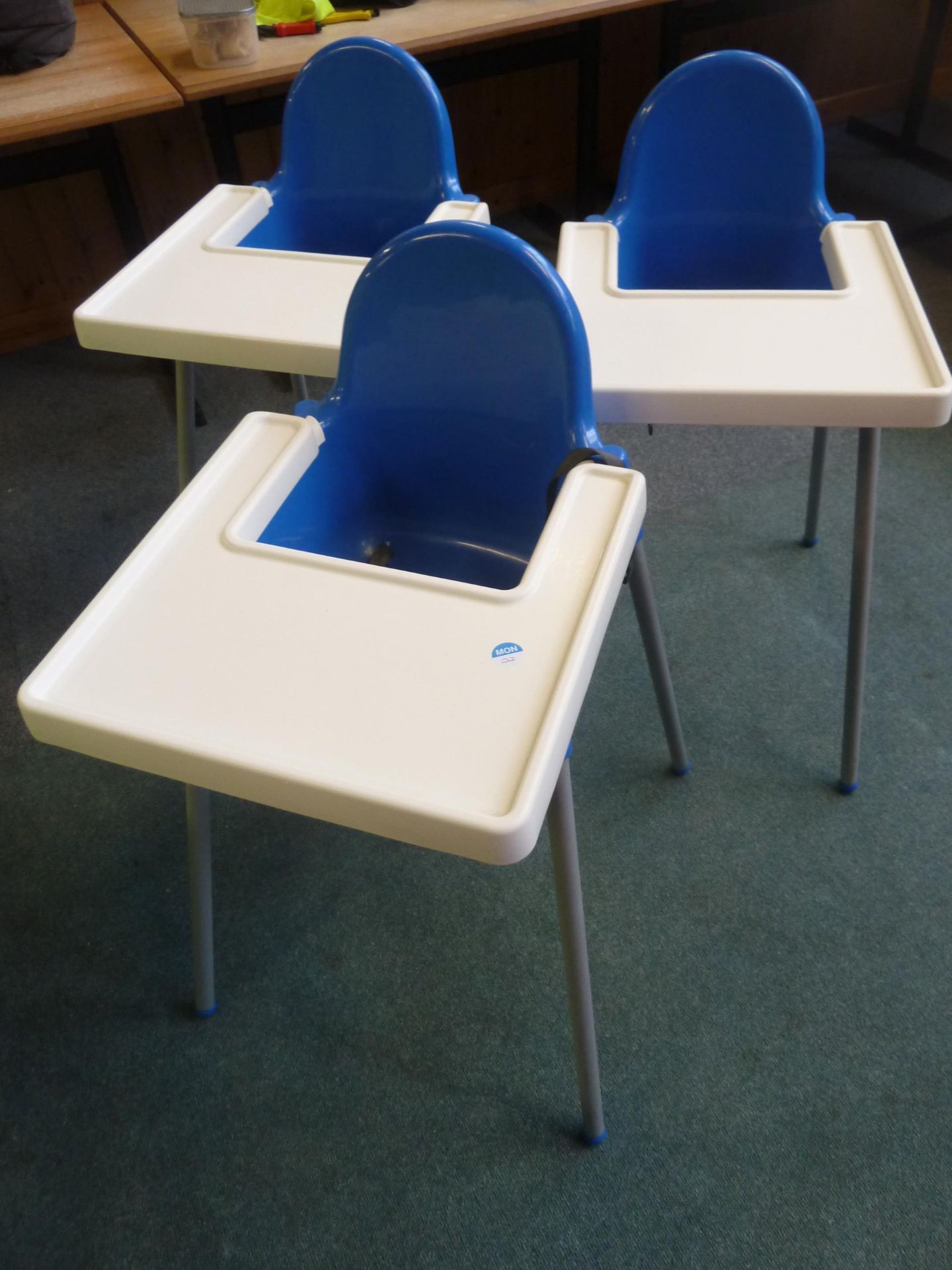 *3 x blue and white plastic high chairs with metal legs