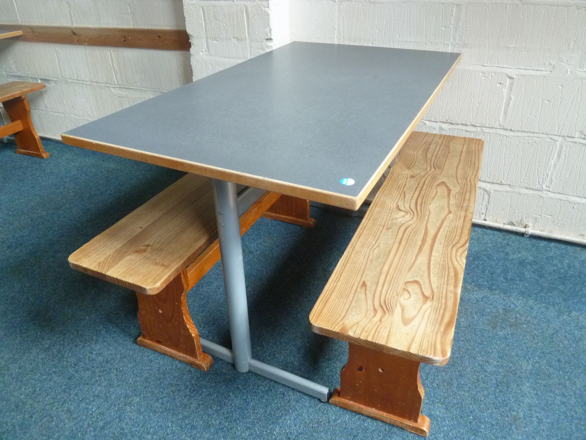 *grey topped table with 2 x wooden benches. Table 1200w x 600d x 700h. Benches - 1140w x 280d x 430h - Image 2 of 3