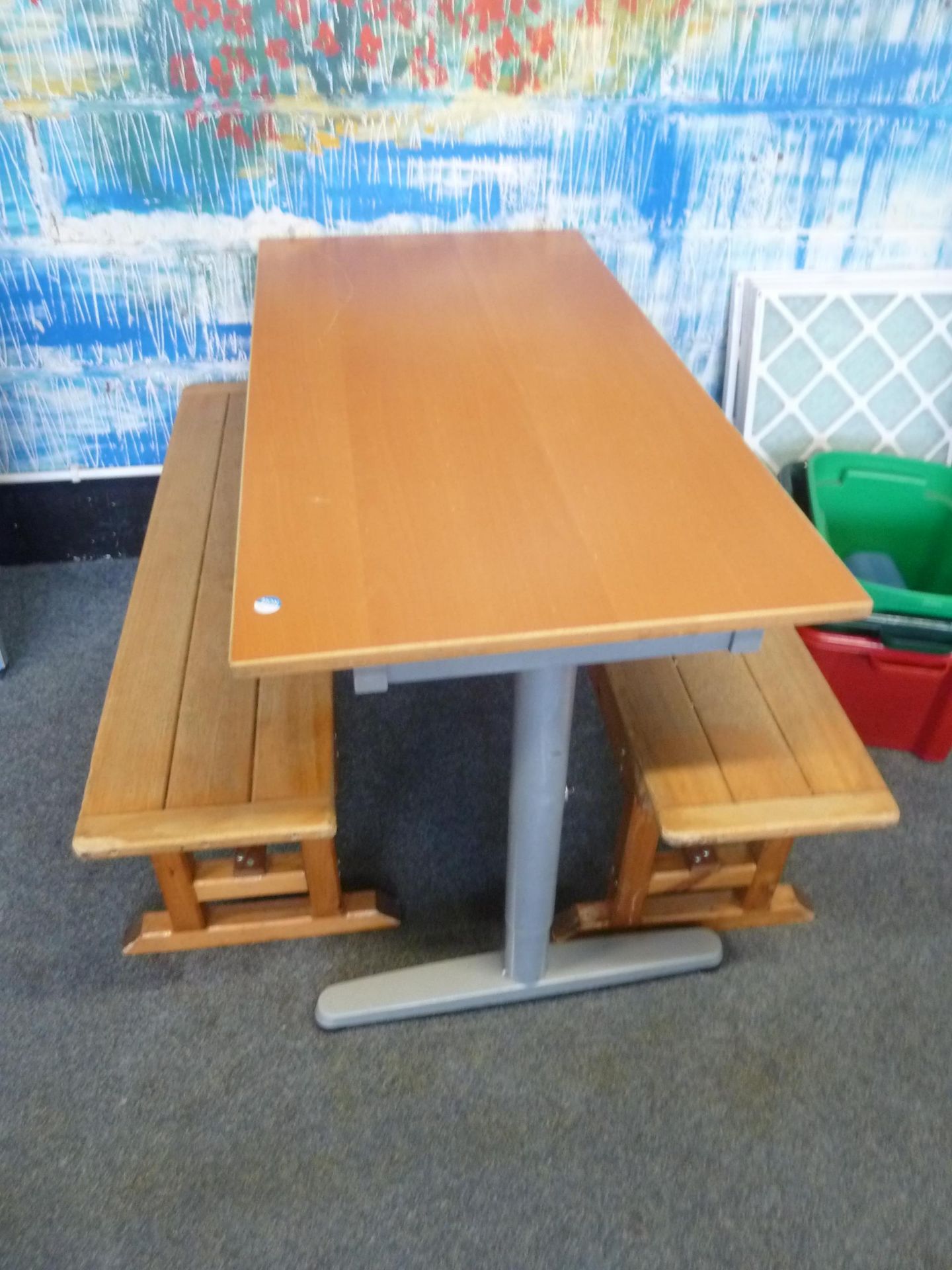 *table with 2 x benches. Table - 1200w x 600d x 700h. Bench - 1140w x 280d x 430h