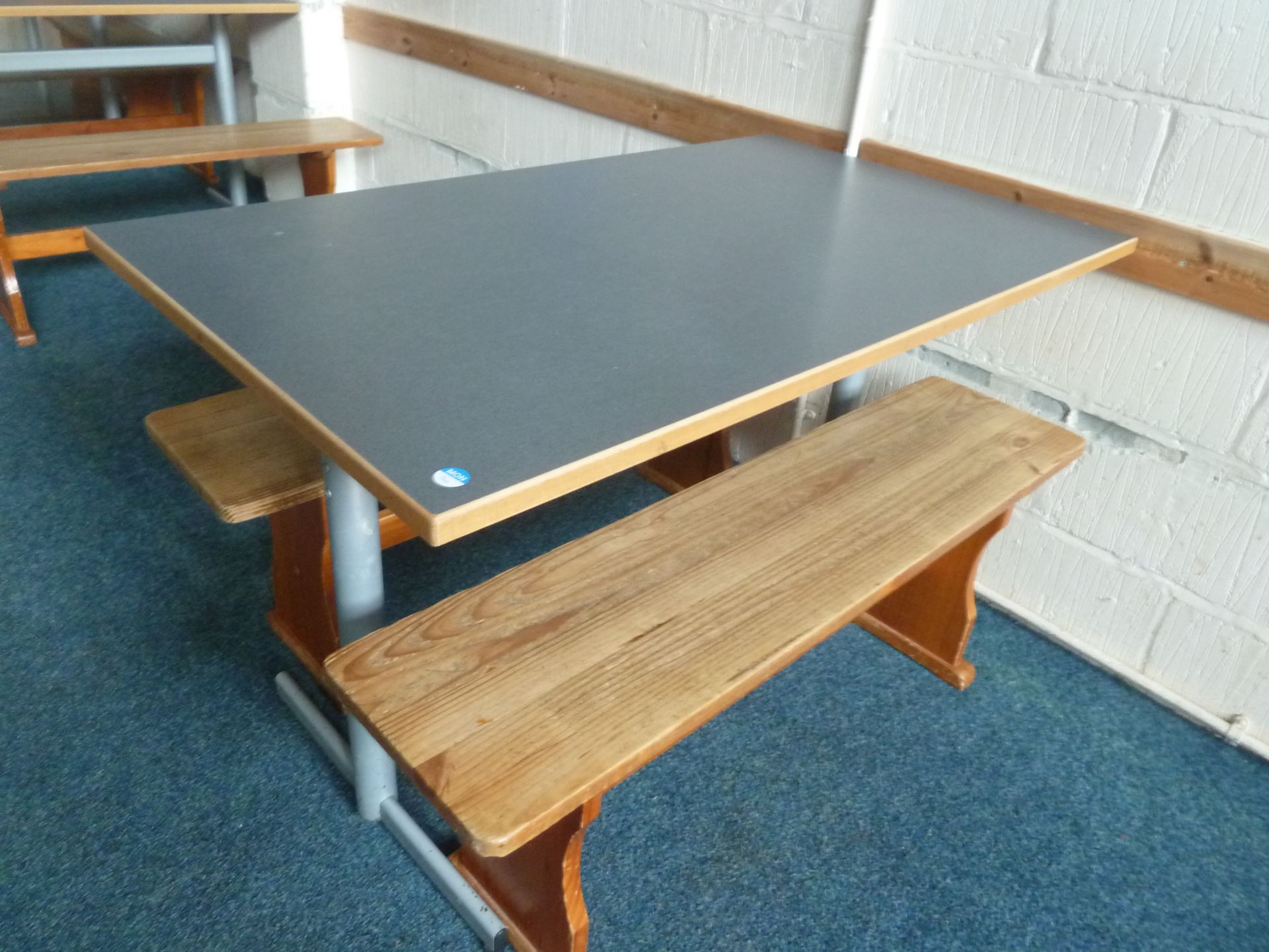 *grey topped table with 2 x wooden benches. Table 1200w x 600d x 700h. Benches - 1140w x 280d x 430h - Image 2 of 3