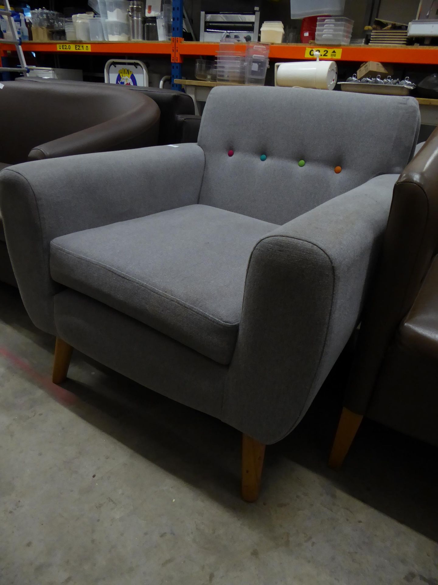 * 2 x wide light grey easy chairs with colourful button details