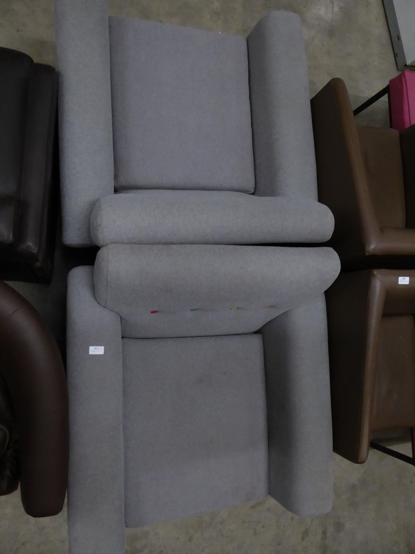 * 2 x wide light grey easy chairs with colourful button details - Image 3 of 3