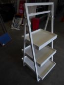 * A-frame 3 shelf stand - metal frame, white wooden shelves with lip. 1500h