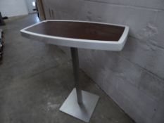 * S/S base poser table with white and wooden effect top (slight scratches to the top) 880w x 450d