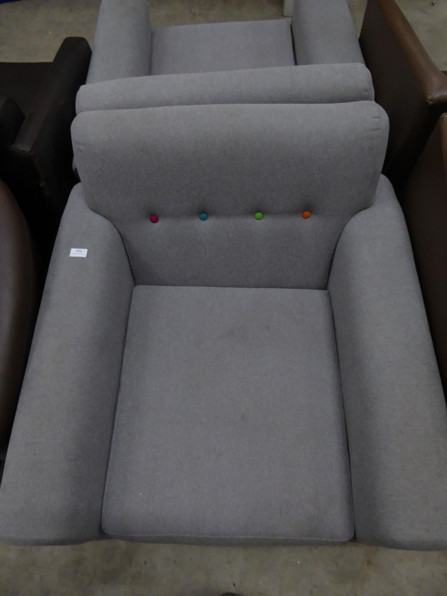 * 2 x wide light grey easy chairs with colourful button details - Image 2 of 3