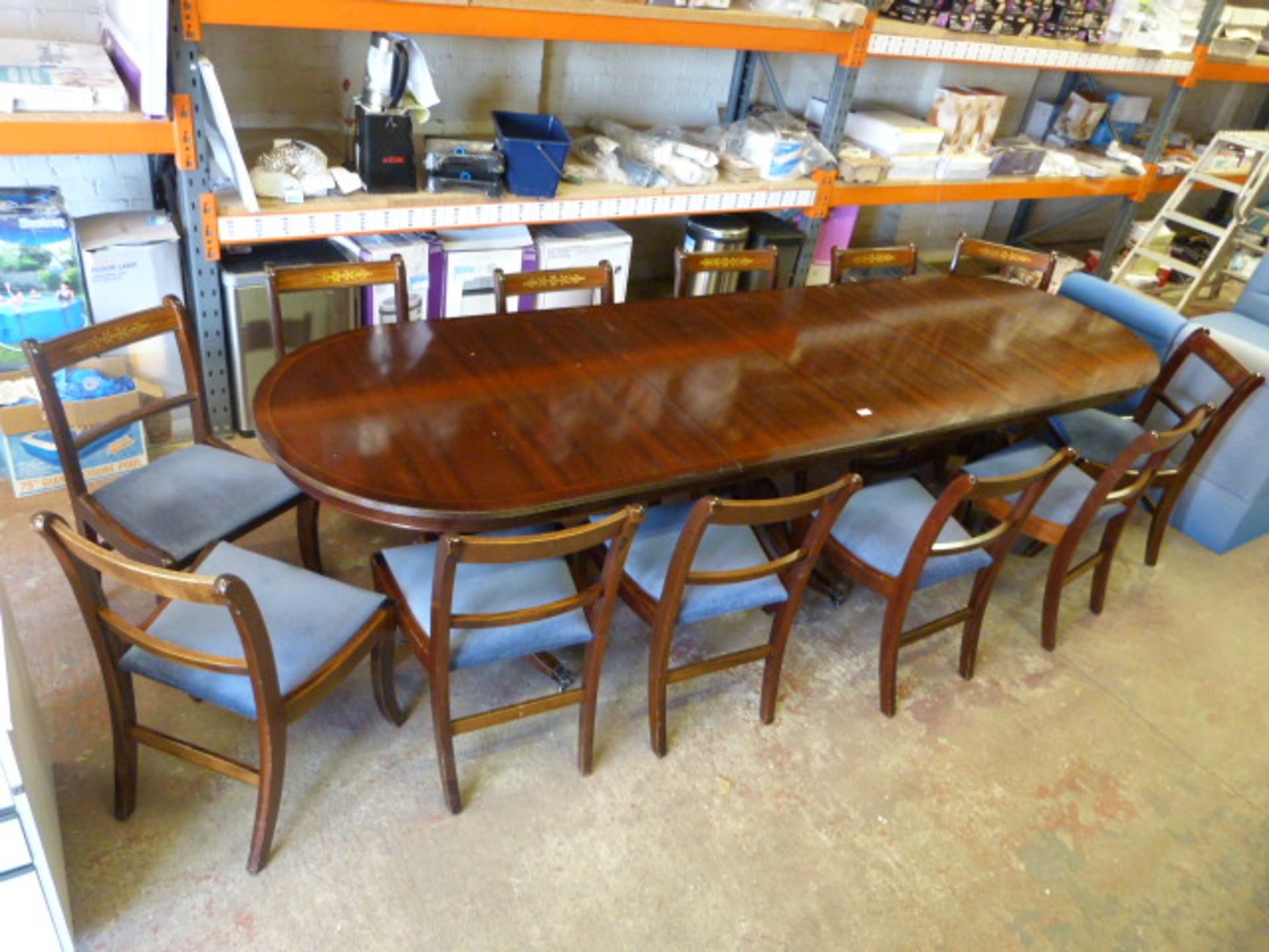 *10.5ft Dining/Boardroom Table with 12 Upholstered Chairs Inlaid with Brass